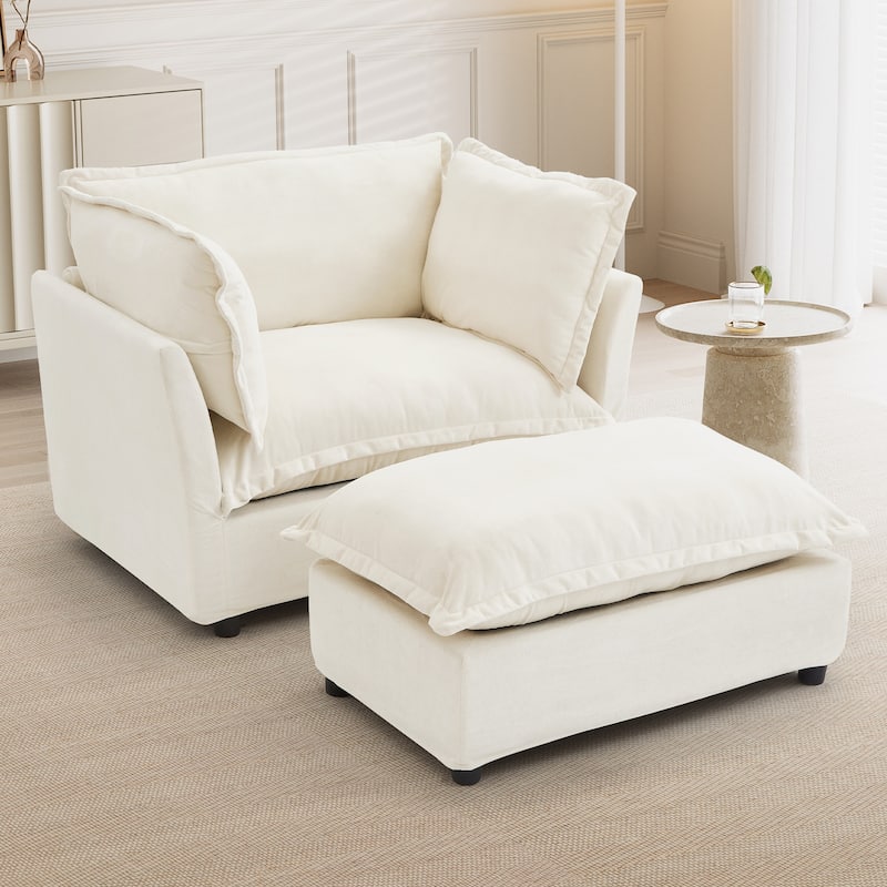 Chenille Single Sofa Chair with Ottoman, Modern Oversized Accent Chair for Reading, Living Room Curved Armrests Chairs