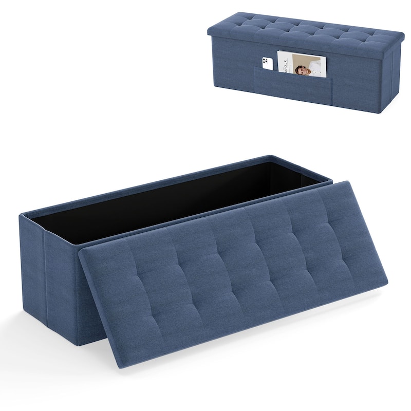 Large 38 Gallon Linen Fabric Storage Ottoman Bench Folding Multipurpose Footrest and Seat with Foam Cushion - 43" × 15" × 15" - Navy