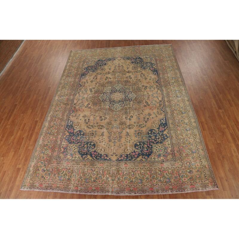 Mashad Persian Vintage Rug Hand-Knotted Traditional Wool Carpet - 9'7" x 12'10"