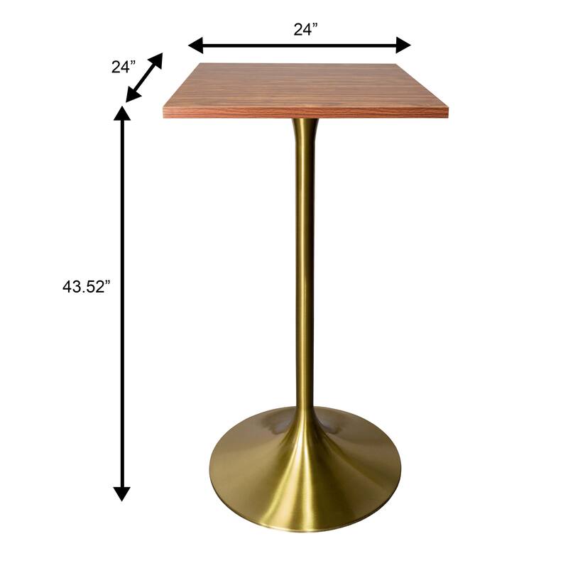 Verve 43 in. Tall Bar Height Dining Table Square MDF Wood Tabletop in Gold Stainless Steel Pedestal Base Accent Bar Table
