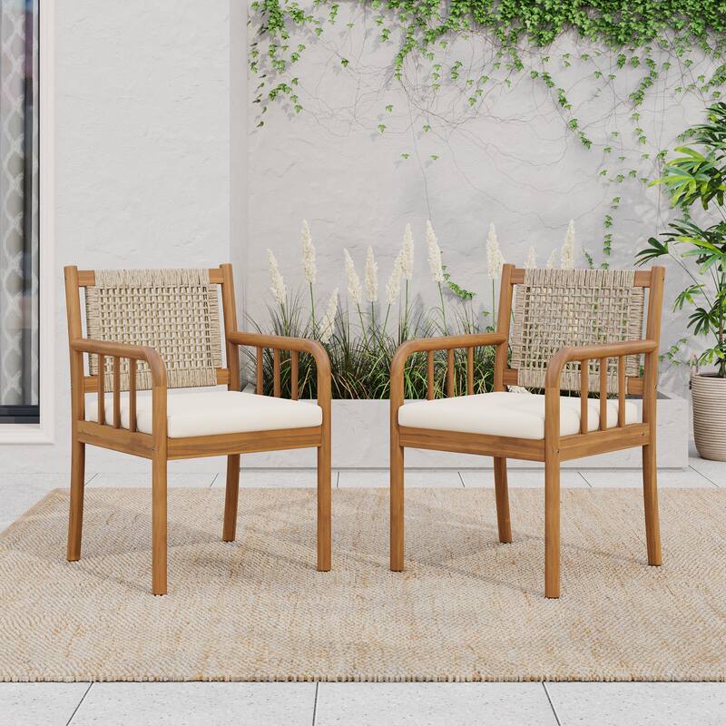 Christopher Knight Home - Porto Modern Outdoor Acacia Wood and Rattan Dining Chair Set with Water-Repellent Cushions - Cream,Light Brown,Light Teak