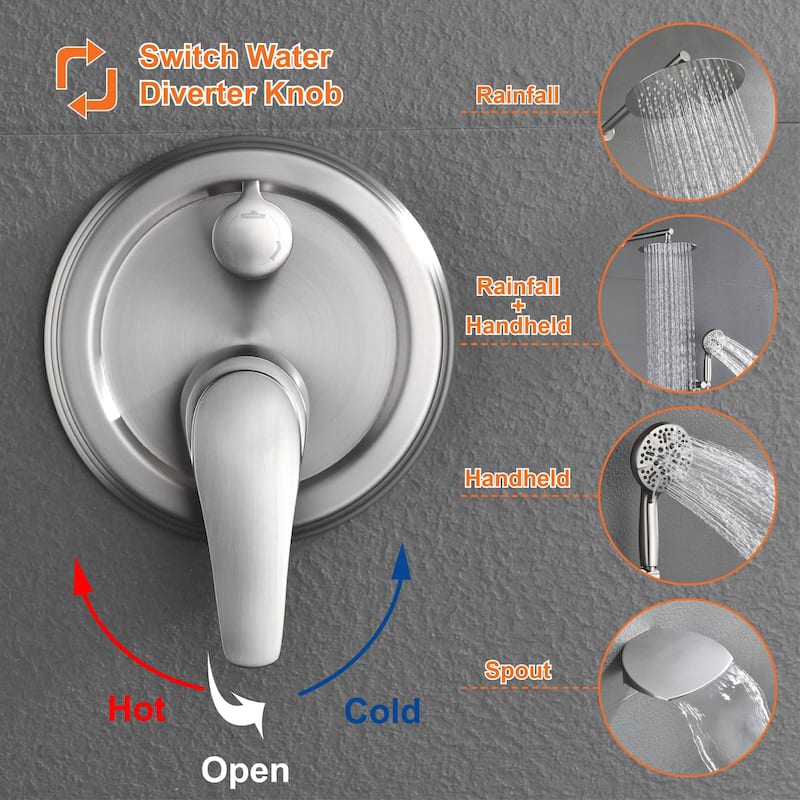 Wall Mount Tub Shower Faucet With Hand Shower Rainfall Shower System Set With Tub Spout Pressure Balance 10 Inch Shower Head Set