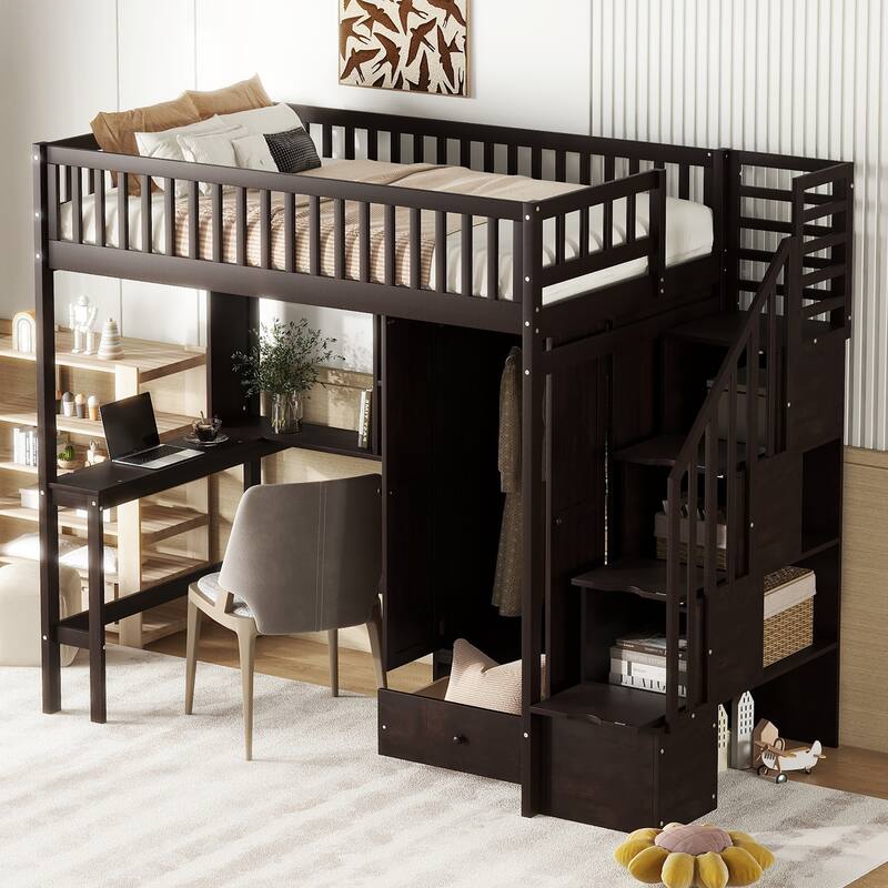 Twin Size Loft Bed with Built-in Desk and Wardrobe, Solid Wood Stairway Loftbed Frame with Bookshelf & Drawers for Kids/Bedroom