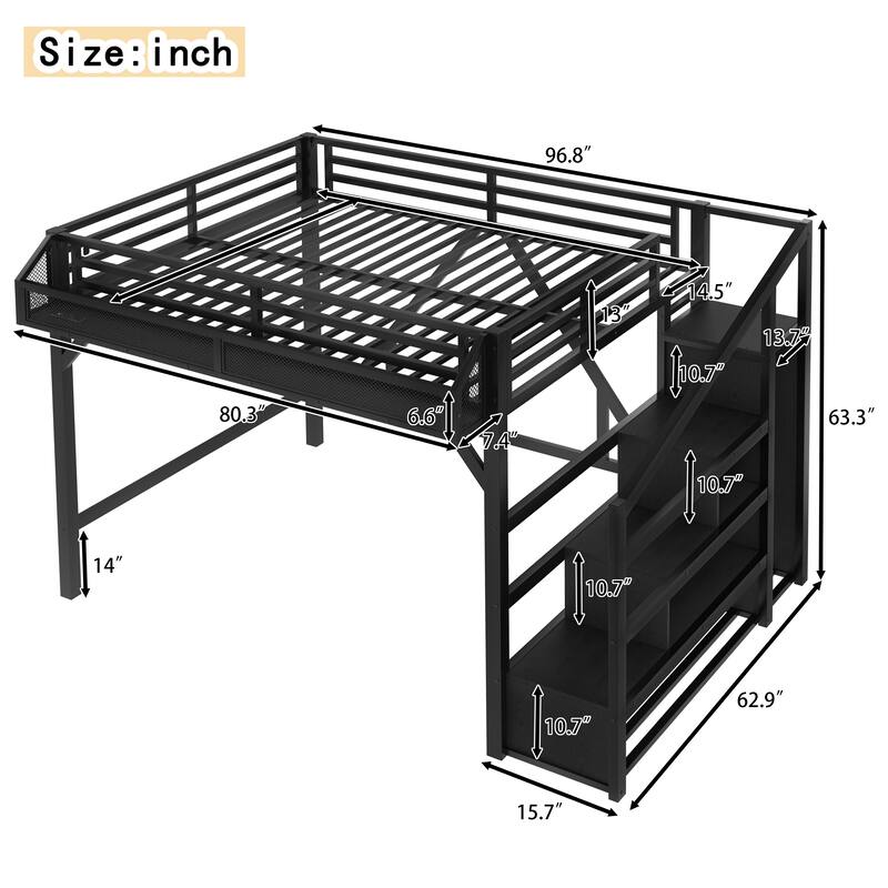 Metal Loft Bed with Storage Stairs, Built-in Wardrobe, Shelves, USB Ports, LED Lights & Noise-Reduced Frame
