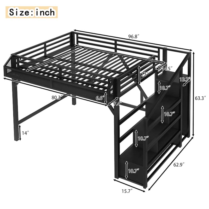 Queen Loft Bed with Wardrobe & Storage Stairs, Metal Frame with USB Ports & LED Lights