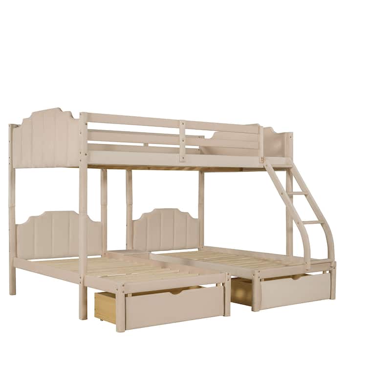 Full Over Twin & Twin Bunk Bed, Velvet Triple Bunk Bed with Drawers and