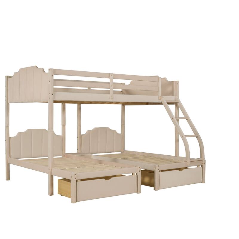 Full Over Twin Triple Bunk Bed with Headboard, Velvet Finish LShaped Triple Bunk Bed with