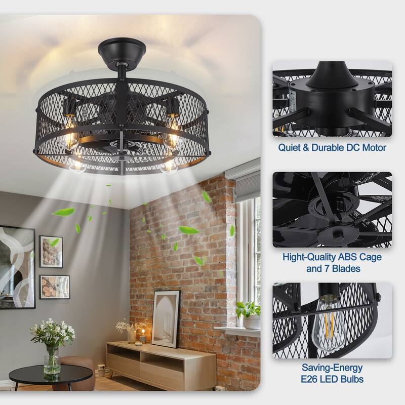 20-26" Caged outdoor Ceiling Fan with Light: Remote App Control-Farmhouse Fandelier Flush Mount Fixture Reversible 6 Speed Timer