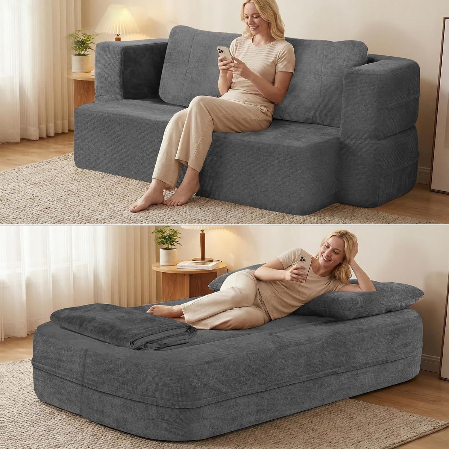 Convertible Sofa Bed With Blanket, Boneless Cloud Couch Queen Scott Fabric