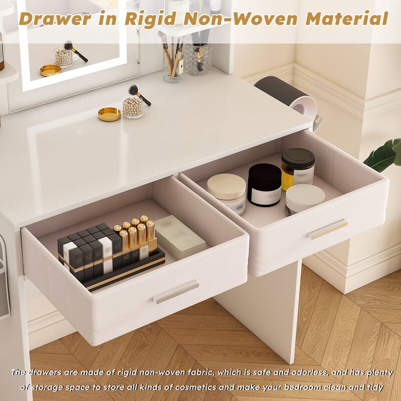 LED Mirror Vanity Dressing Table with Lights-3-Color Adjustable Light Strips,2 Large Drawers,Hair Dryer Stand