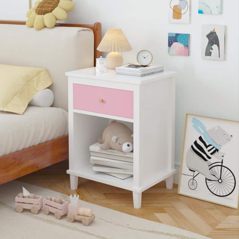 26.77''H Wooden Nightstand with One Drawer One Shelf for Kids