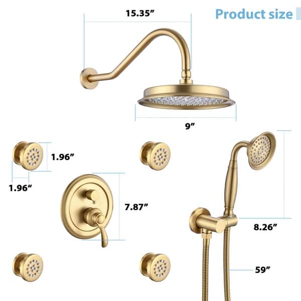 dimension image slide 1 of 2, Vanityfair Antique Shower Sets, Complete Wall Mounted 9 inch Rain Head with Handheld Shower and Body Jets