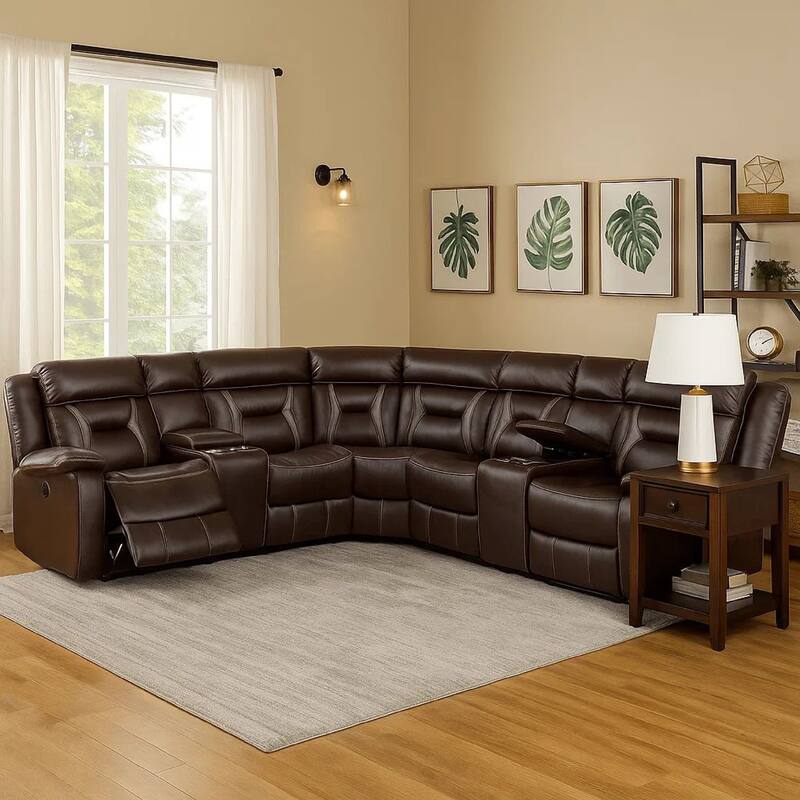 Lof Power Reclining Sectional Sofa Set, USB Port, Brown Gel Faux Leather