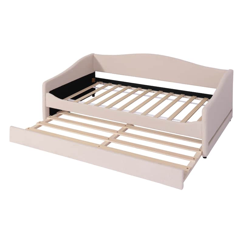 Twin Size Upholstered Daybed with Trundle, Beige, Light Stripes Design