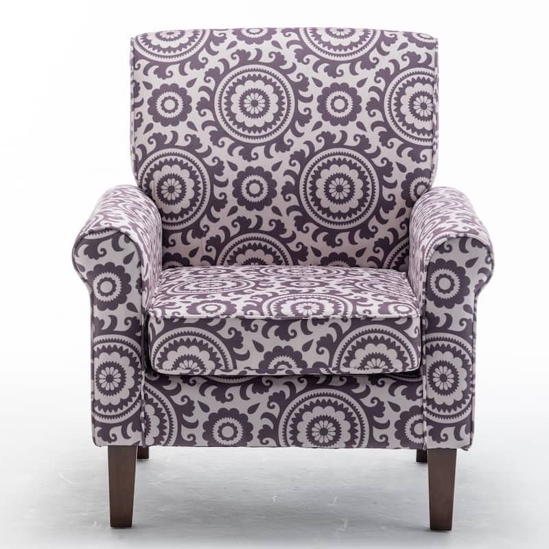Traditional Rolled Arm Living Room Armchair - Purple Print