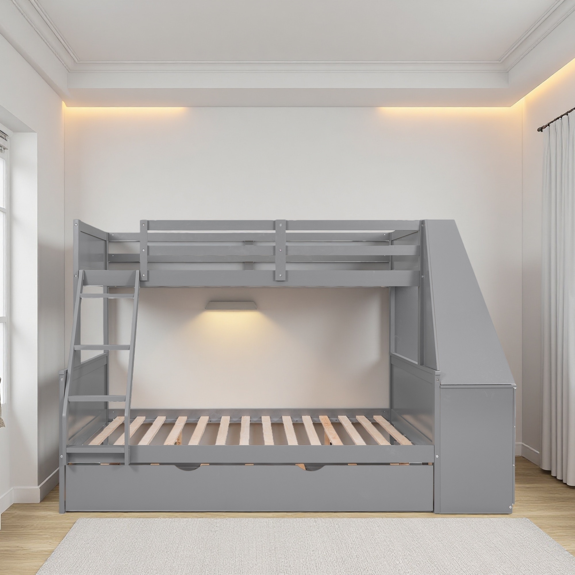 Twin over Full Pine Bunk Bed, Trundle, Built-in Desk, 3 Drawers & Shelf