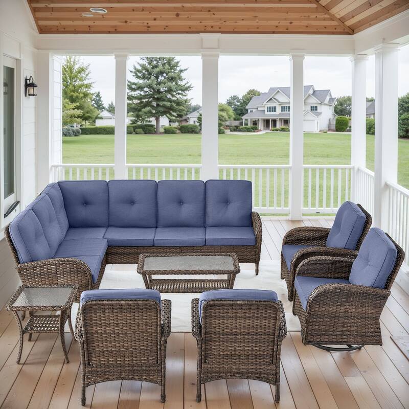 Patio Sectional Sofa Chair with Swivel Chairs Set - Brown - Blue
