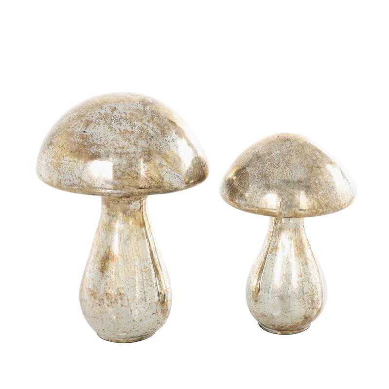 Glass Mushroom Glossy Weathered Decorative Sculpture - Set of 2 Green, Gold, Champane- Roche River Decor