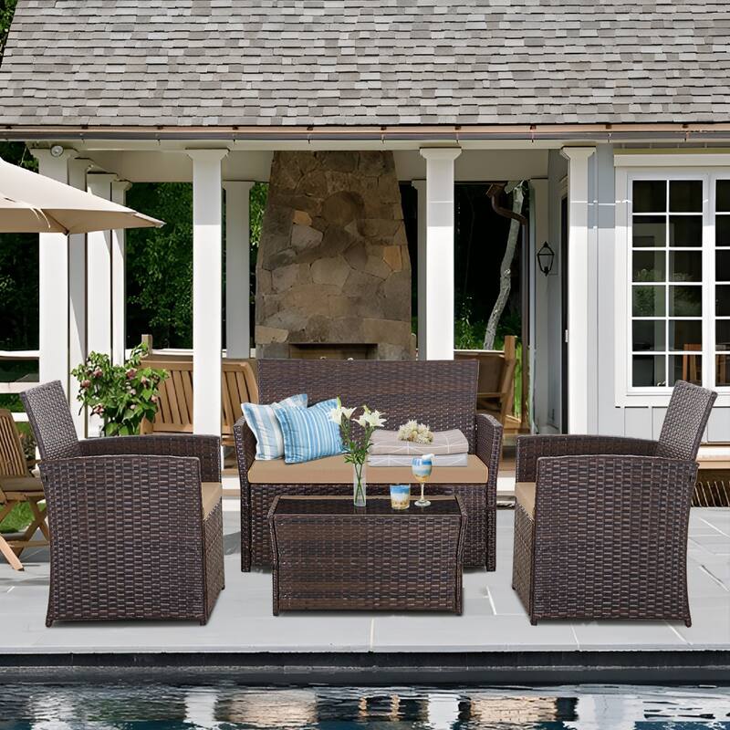 4 PCS Wicker Patio Conversation Set Rattan Seating Sofa Chair