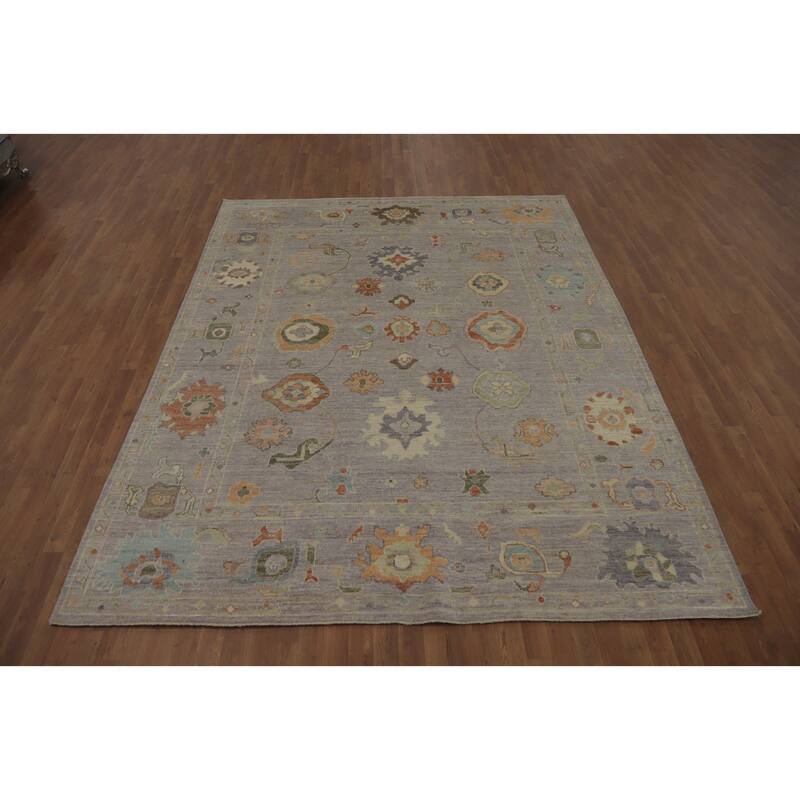 Vegetable Dye Wool Oushak Turkish Area Rug, Floral Geometric Carpet - 9' 9'' X 8' 0''