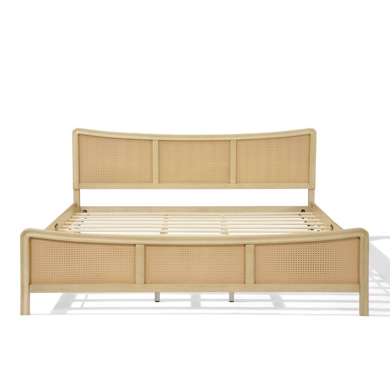 Christopher Knight Home- Celestine Curved Rubberwood Bed Frame with Rattan Headboard