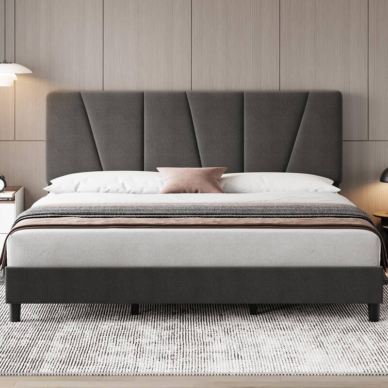Linen Upholstered Platform Bed Frame with Strong Wooden Slats - King