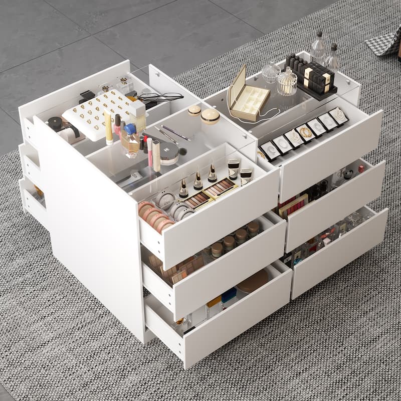 Makeup Organizer Glass Top and Cushion for Jewelry, Shoe Storage Bench