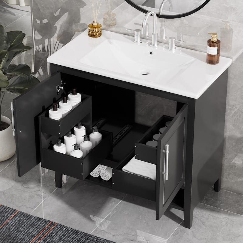 36 inch Freestanding Bathroom Vanity Set in Black with Integrated Ceramic Sink