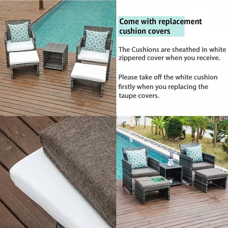 5-piece Outdoor Wicker Seating Set with Chair, Ottoman and Cushion
