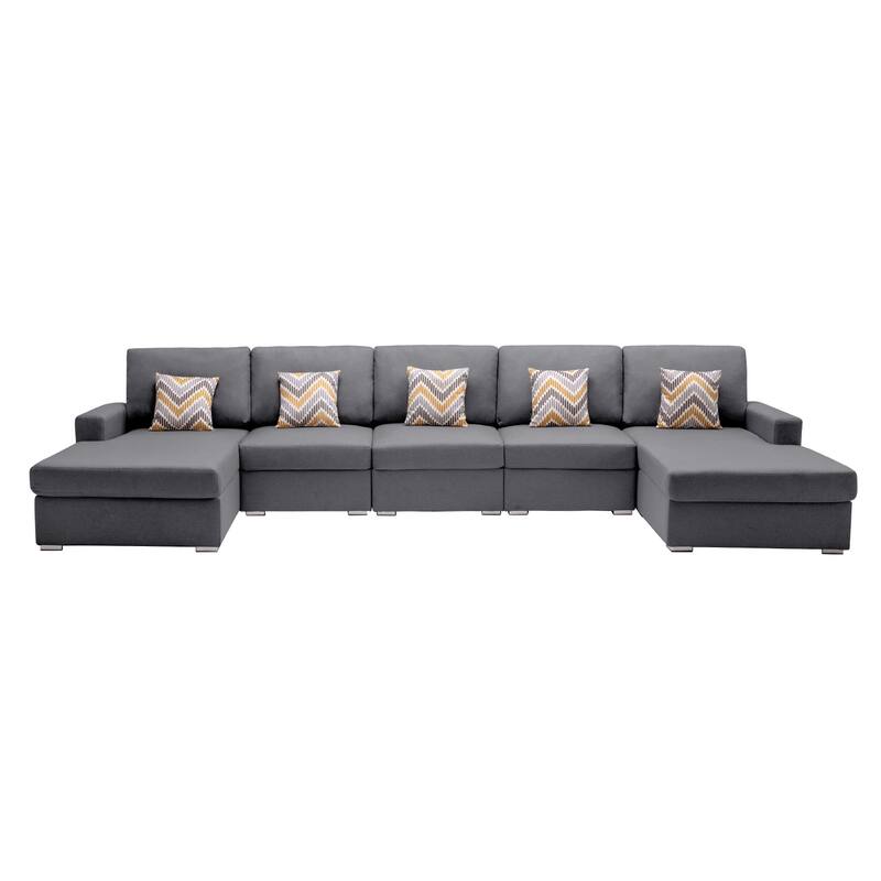 Linen Fabric 5 Piece Double Chaise Sectional Sofa with Pillows and Interchangeable Legs - Gray
