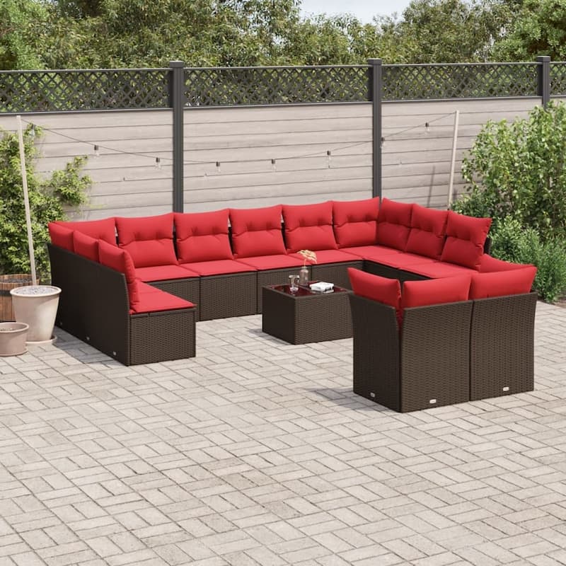 vidaXL Patio Sofa Set with Cushions Outdoor Conversation Furniture Poly Rattan - 21.7" x 24.4" x 27.2" - Brown and red with table