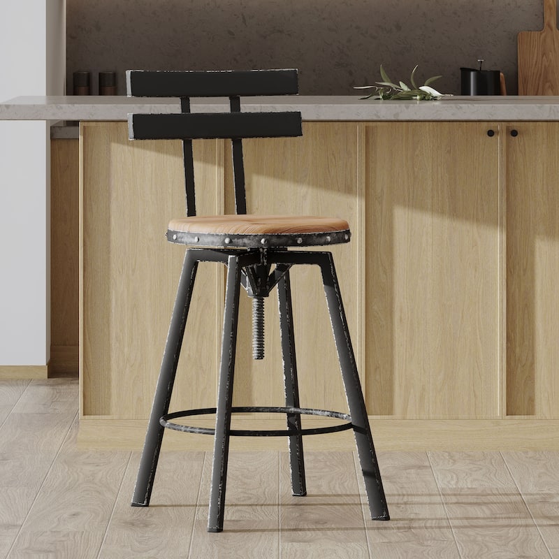 Rustic Metal Frame Bar Chair with Wooden Seat & Foot Rest