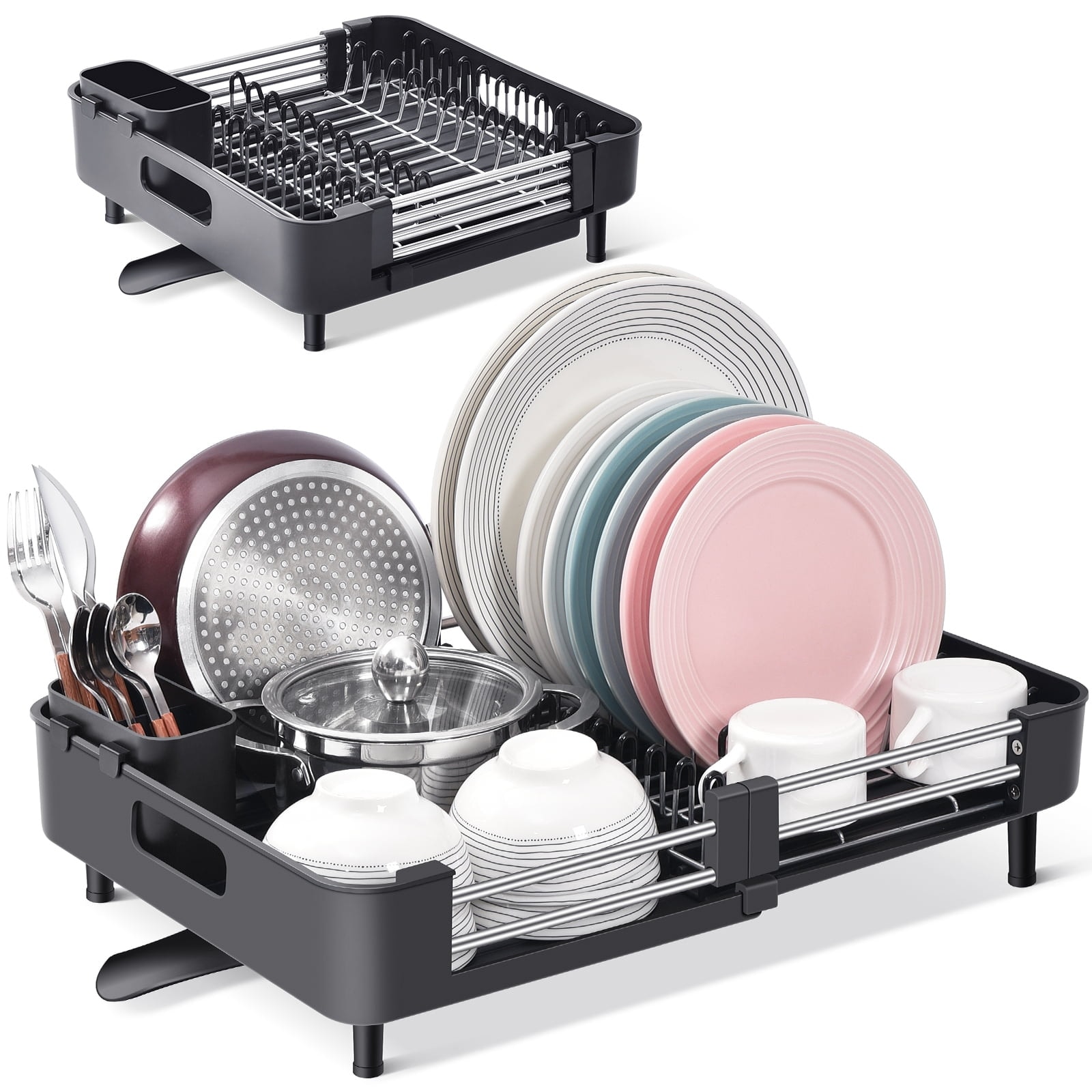 Sabatier Expandable Stainless Steel Dish Rack with Rust-Resistant Soft Coated Wires and Bi-Directional Spout - Black
