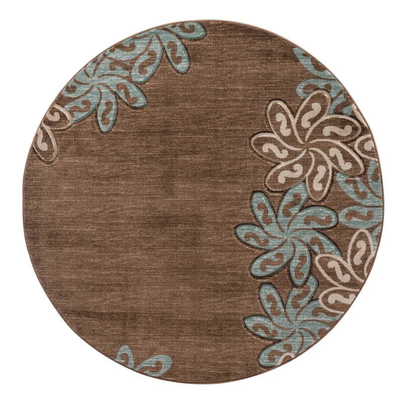 Glamour Collection Floral Polypropylene Area Rug - 8'1'' Round - Brown