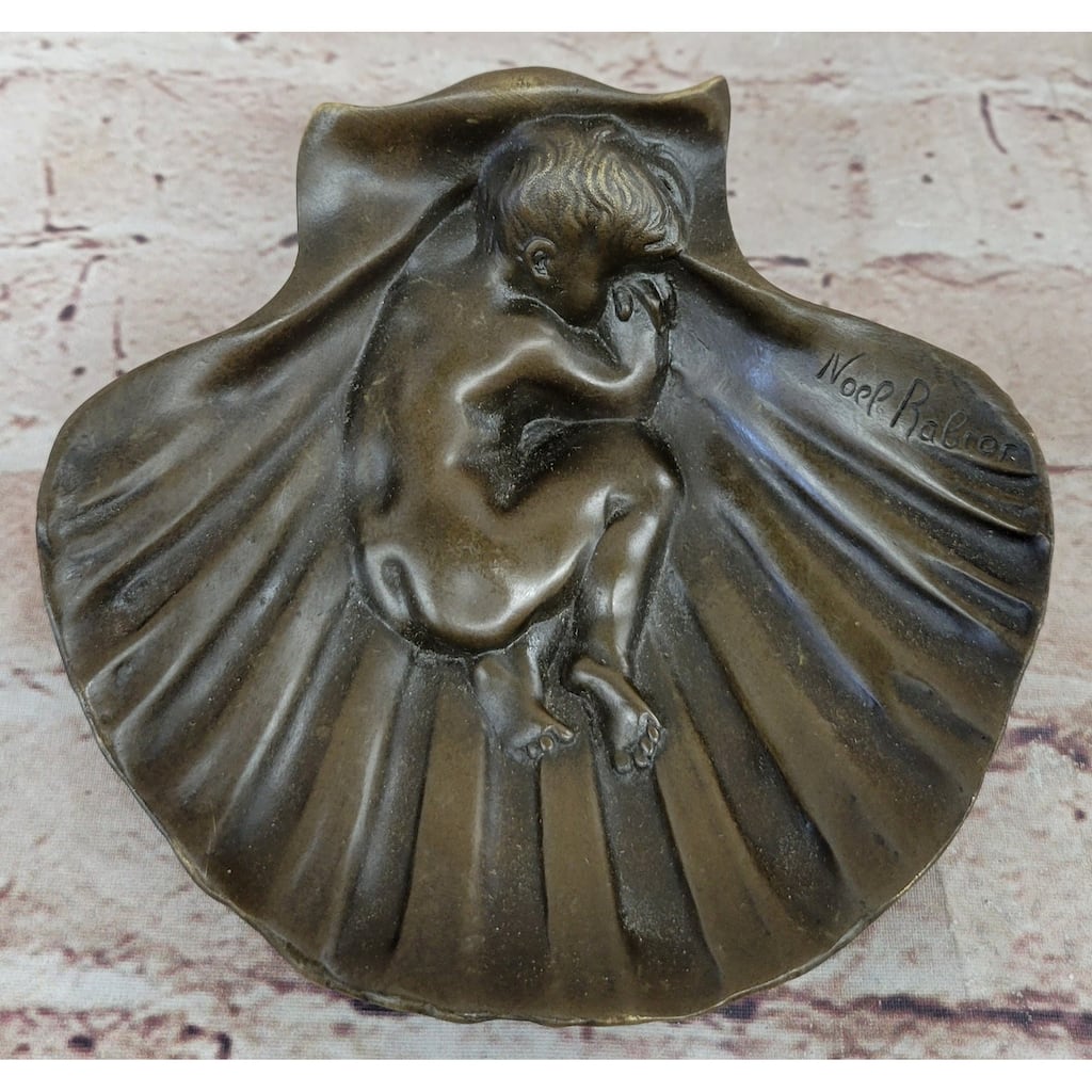 Sleeping Baby Boy In Clam Shell Hot Cast Bronze Soap Dish Ashtray Signed Art