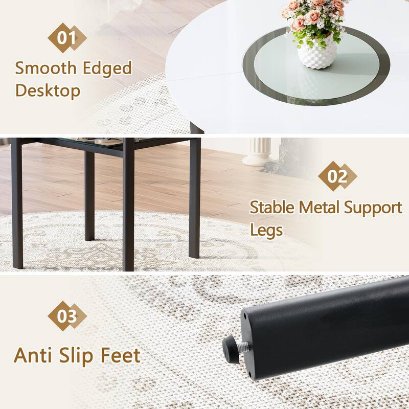 7 Piece Dining Table Set with 42 Inch Round Top Glass Insert and 6 PU Chairs Striped Backrest