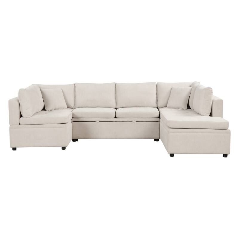 117" U-Shaped Oversized 6-Seat Sectional Sofa with Chaise, Pull-Out Bed, and 2 Detachable Throw Cushions