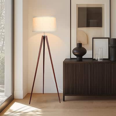 Brightech Emma 61 in. Mid-Century Modern LED Super Bright Floor Lamp with Beige Fabric Drum Shade
