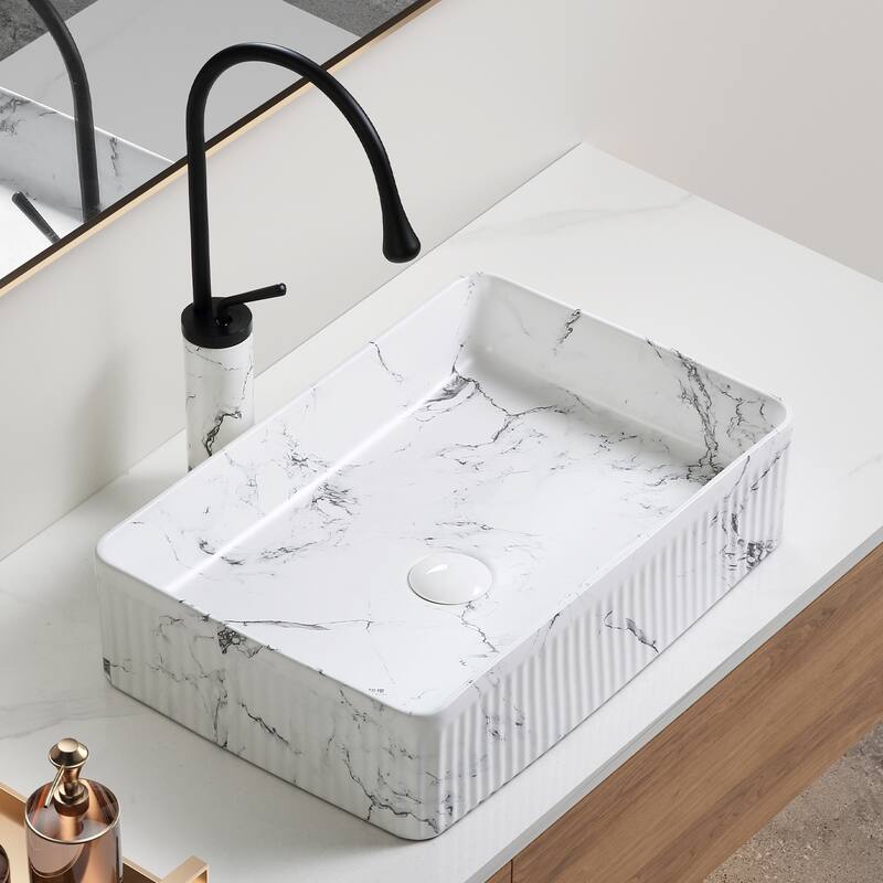 GDFStudio - Vincent Artistic Marble-Pattern Vessel Bathroom Sink with Ceramic Basin and Countertop Vanity Design - marble,White+Black - Rectangle