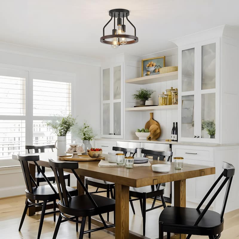 Starsky 3-Light Farmhouse Round Wood Flush Mount Ceiling Light, Industrial Caged Beech Wood Fixture with Black Metal Canopy