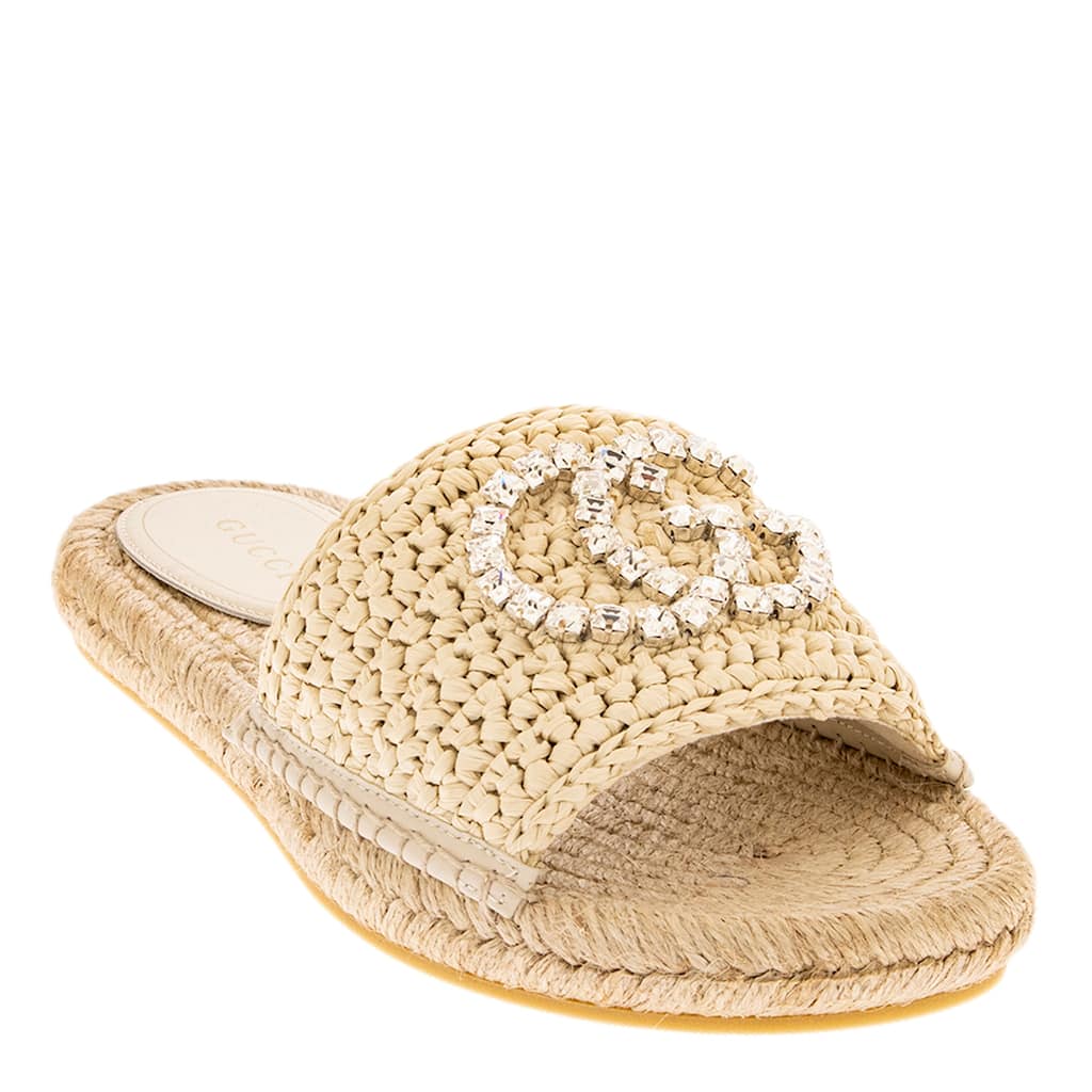 Gucci GG Crystal Embellished Raffia Slides