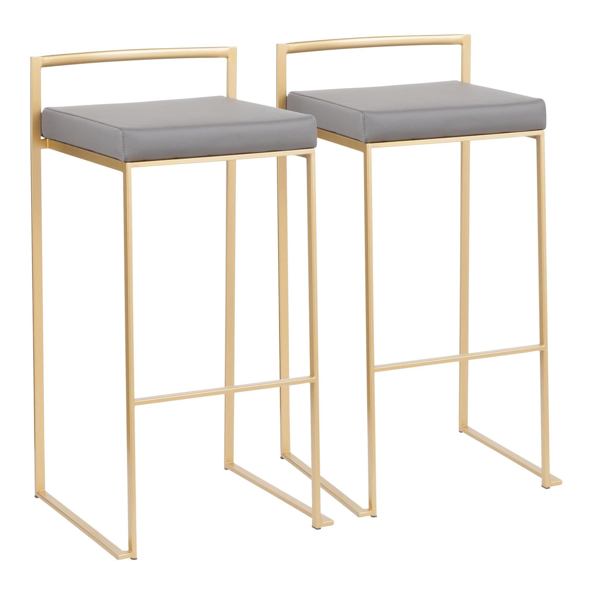 Lumisource Fuji Barstool in Gold with Grey Faux Leather - Set of 2 - 16"Lx17.5"Wx34"H