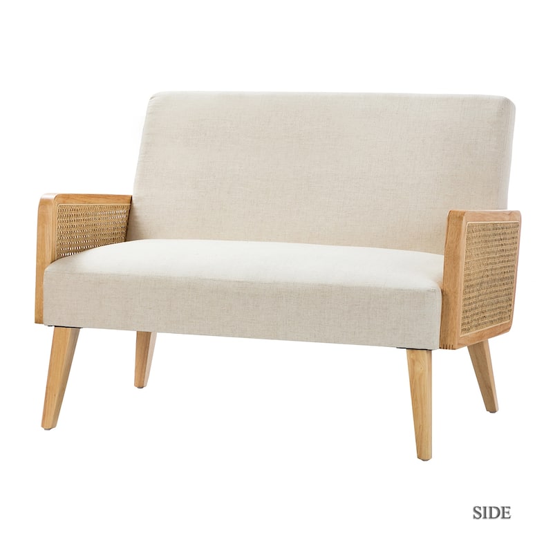 Sybil 43" Contemporary Solid Wood Upholstered Handcrafted Loveseat with Rattan Arms by HULALA HOME