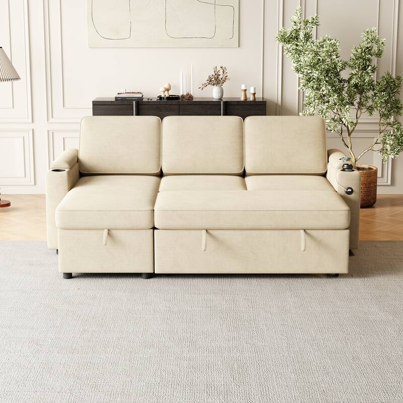 Sleeper Sofa with Storage, Cup Holder and USB Charging Port,Couch with Pull Out Bed, Daybed for Living Room Bedroom