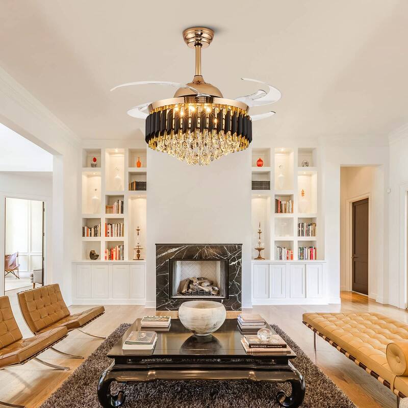 Modern Gold Black Retractable Crystal Ceiling Fan With Lights, Dimmable LED Luxury Chandelier Ceiling Fan With Remote Control
