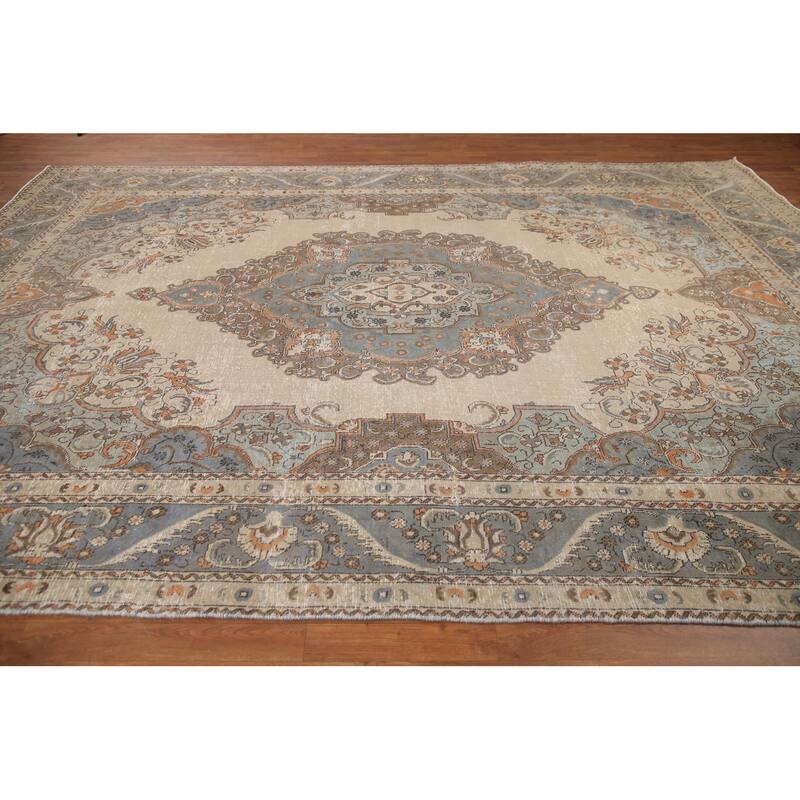 Hand Knotted Oriental 100% Wool Carpet Traditional Medallion Beige & Ivories Tabriz Area Rug - 12' 10'' X 9' 2''