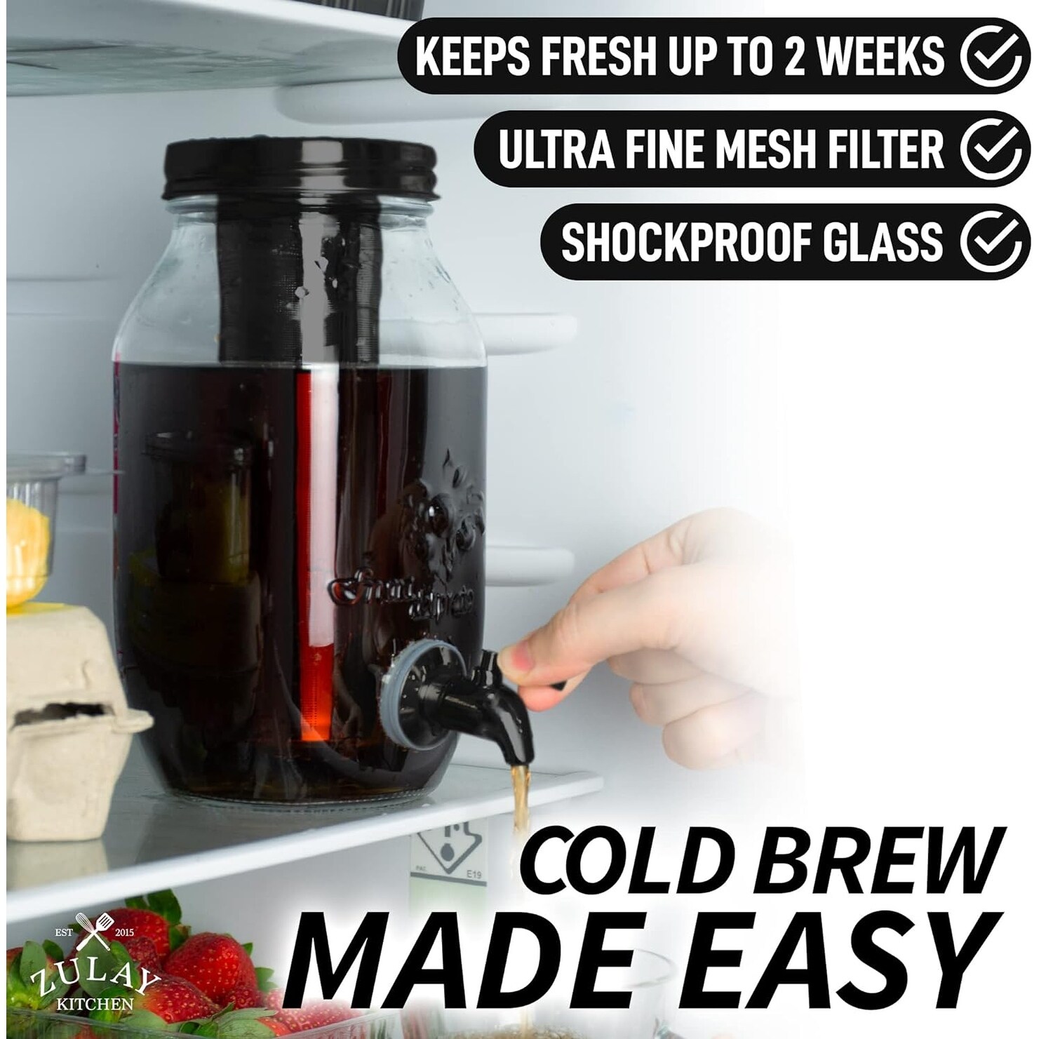 Zulay Kitchen 1.5 Liter Cold Brew Coffee Maker With EXTRA THICK Glass Carafe Stainless Steel Mesh Filter Premium Iced Coffee Maker Cold Brew
