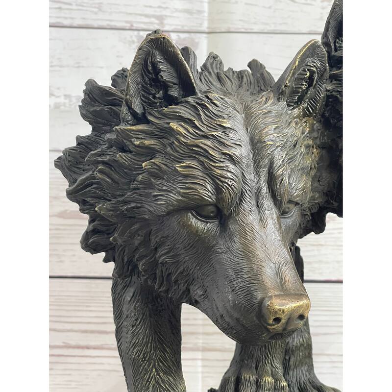 Dual Imitative Wolf Bust Sculpture Statue Two Wolves Bronze Metal Decor Signed Original