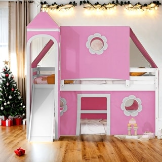 Full Size House Loft Bed with Slide Pink Tent and Tower