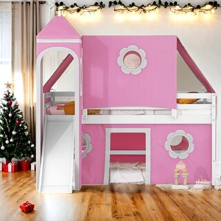 Kid Bed Frame Full Size House Loft Bed with Slide Pink Tent and Tower